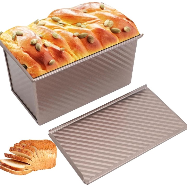 Tava de copt pentru paine, mare, non-aderenta, aurie, cu capac