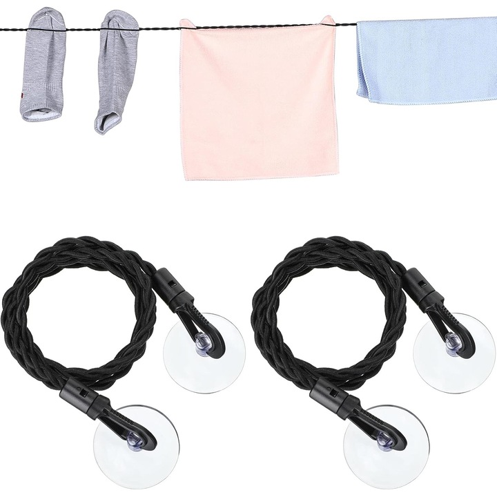 Set 2 sfori de uscat rufe portabile, ajustabile, cu carlige si ventuze, accesorii camping, utilizare interioara si exterioara, negru