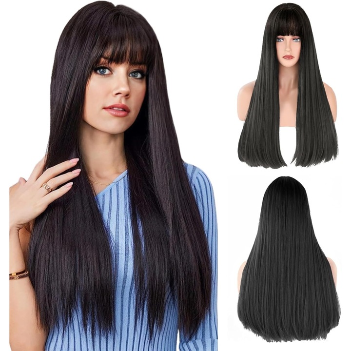 Peruca lunga neagra, 70cm, din fibra sintetica rezistenta la caldura, ajustabila, usor de utilizat.