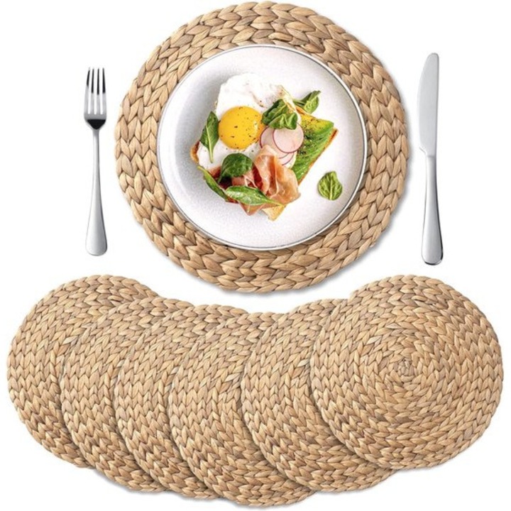 Set de 6 suporturi de masa rotunde din iarba de apa naturala, 35cm, antiderapante, rezistente la caldura