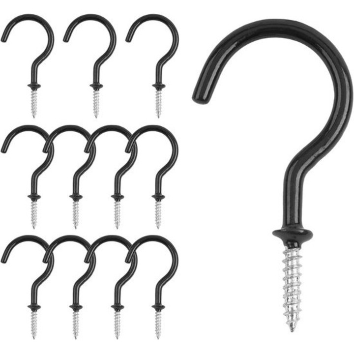 Set de 12 carlige negre pentru cupe, prindere pe pereti si plafoane, 2.6cm diametru interior, 2.2cm lungime surub