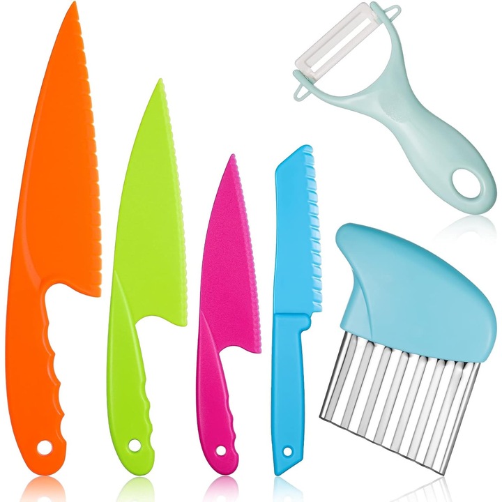 Set de cutite pentru copii, 6 piese, diverse culori, siguranta sporita, usor de curatat