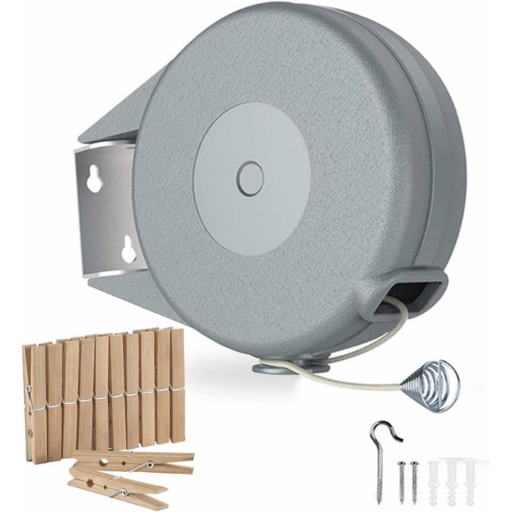 Uscator rufe retractabil, suport de perete, set cu 12 clipsuri, pentru interior/exterior, 12m, gri