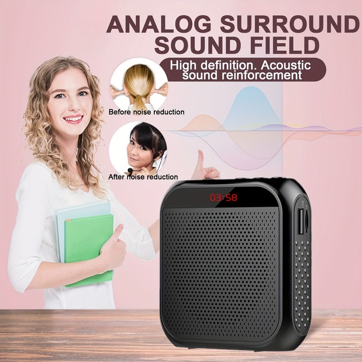 Hordozható megafon vezetékes mikrofonnal, USB újratölthető hangszóró, személyes erősítő, fekete/fehér