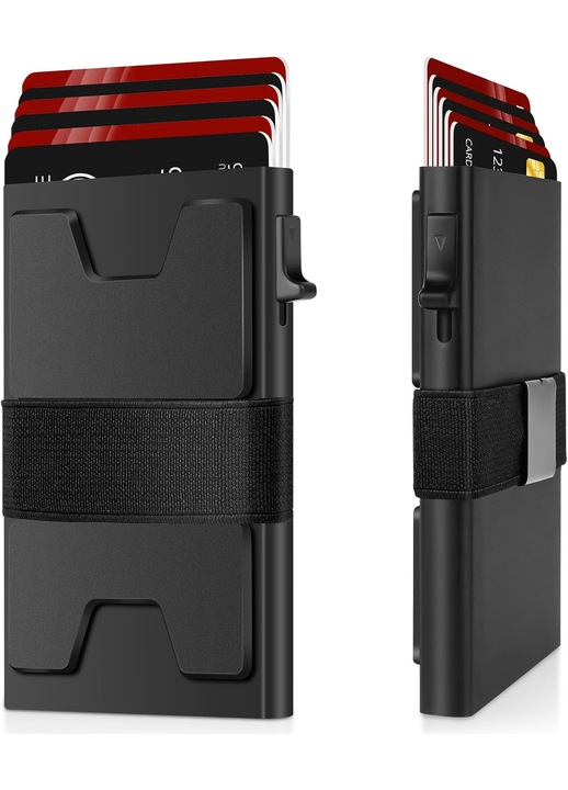 Set de doua portofele metalice negre, portcarduri, design pop-out, aluminiu, protectie RFID, dimensiuni compacte.