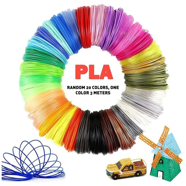 Filament 3D pentru imprimare, 20 culori, 60 metri, PLA, 1.75mm