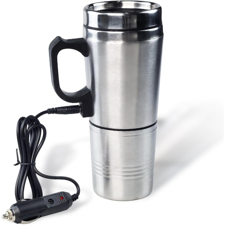 Fierbator auto electric, 12V, capacitate 300ml, design din otel inoxidabil cu doua straturi, pentru apa calda, ceai si cafea