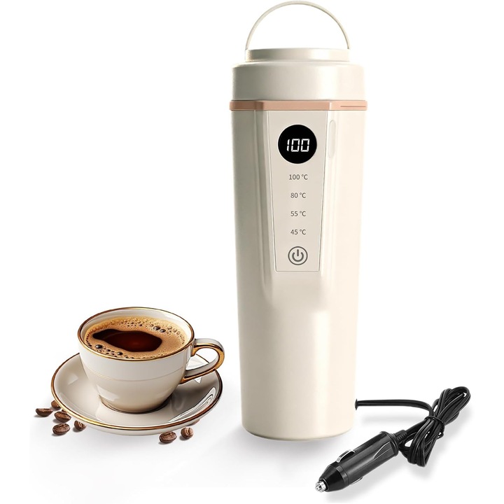 Fierbator auto electric, 12V, capacitate 300ml, design din otel inoxidabil cu doua straturi, pentru apa calda, ceai si cafea