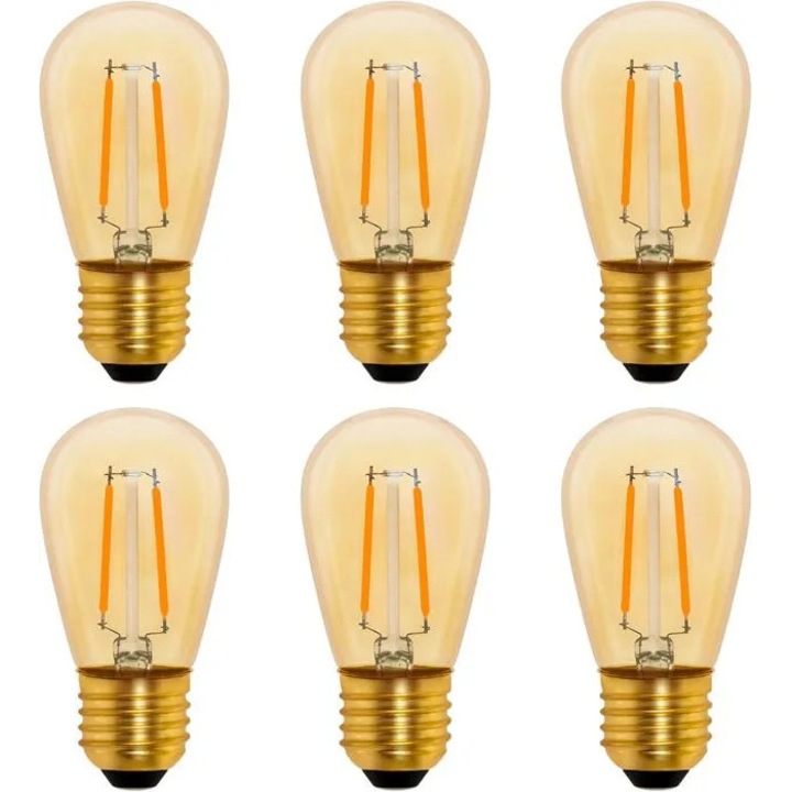 Bec LED Filament S14, 1W, lumina calda 2200K, set de 6, design retro, sticla ambrata