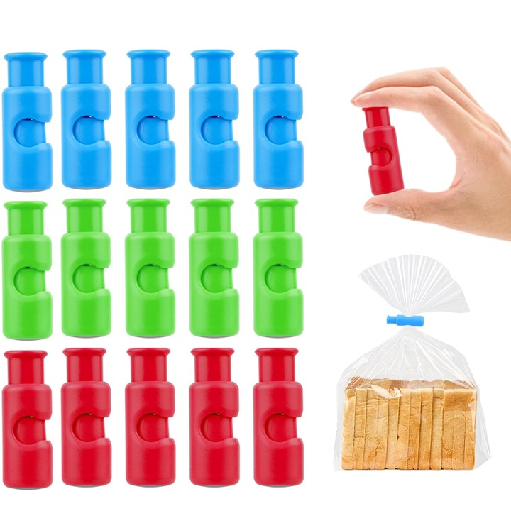 Set de clips pentru pungi alimentare, 15 piese, diverse utilizari, usor de folosit, multicolor