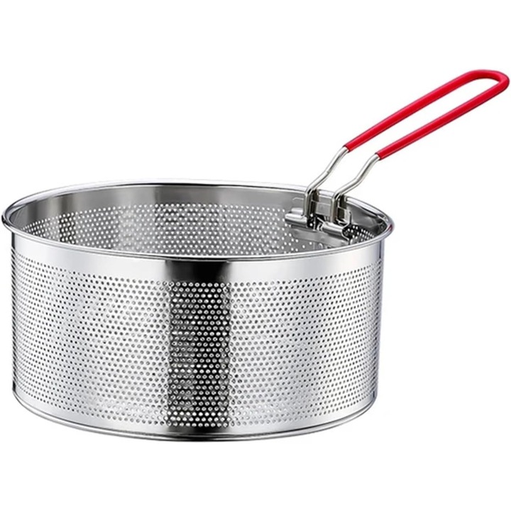 Cos de prajit din otel inoxidabil, 20 cm, cu maner, set cu lingura si scurgator