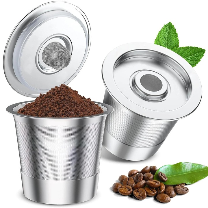 Capsule de cafea reutilizabile pentru aparate Keurig 1.0, set de 2, din otel inoxidabil, compatibile cu Breville si Mr. Coffee, ecologice.