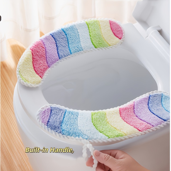 Captuseala pentru capac de toaleta din fleece coral curcubeu, instalare cu patru puncte, margine alba, manere portabile, model universal