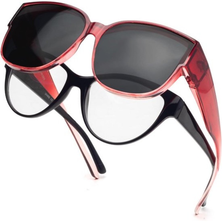 Ochelari de soare dama clip-on polarizati, rosu-gri, ultra-usori, protectie UV400