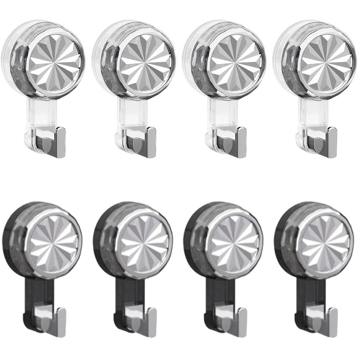 Set de 8 carlige cu ventuza, 4 transparente si 4 gri, capacitate 5 kg, fara gaurire, reutilizabile