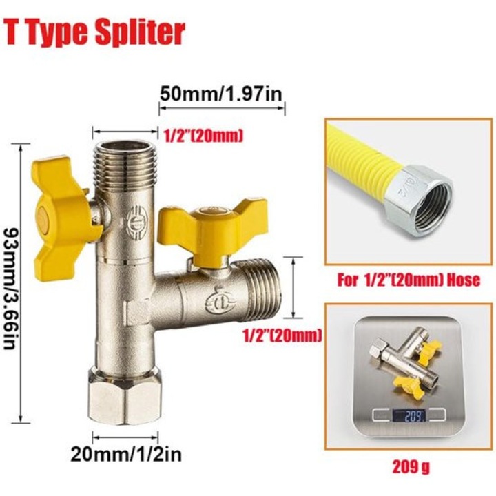 Robinet gaz cu bila, 1/2 inch, din alama, cu doua valve, pentru aplicatii casnice si industriale
