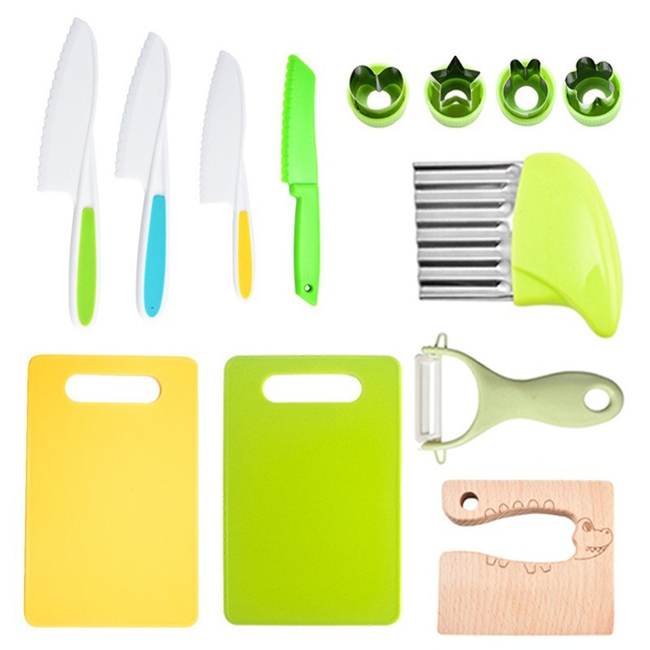 Set de 13 piese pentru gatit copii, cu cutite pentru fructe si legume, tocator, multicolor