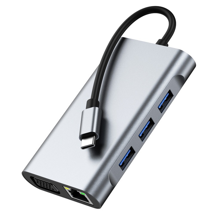 8 az 1-ben dokkolóállomás, kettős HDMI Type-C hub, 4K támogatás, 3 USB port, 100M RJ45