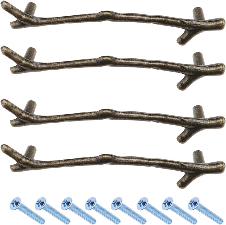 Set de 4 manere de sertar in forma de ramura, cupru verde, 16cm, feronerie din aliaj de zinc