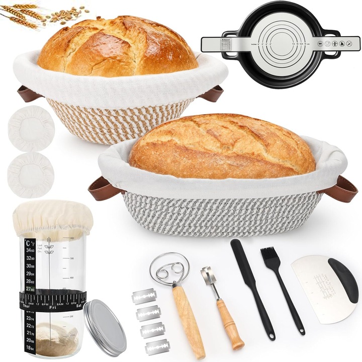 Set unelte pentru coacerea painii, Bedee, Cosuri de fermentare 10" rotund & 12" oval, Borcan de 730ml, Captuseli textile, Racleta pentru aluat, Lama de taiat, Durabil, Reutilizabile, Potrivit atat profesionala cat si amatoare