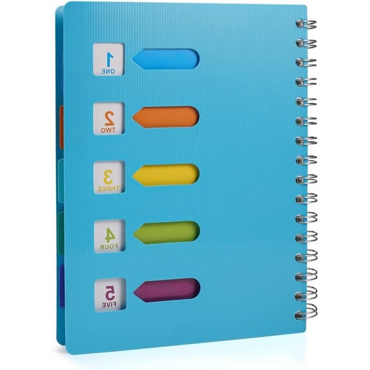 Caiet A5 cu spira, 5 culori, coperta rezistenta la apa, hartie de calitate, 5 subiecte