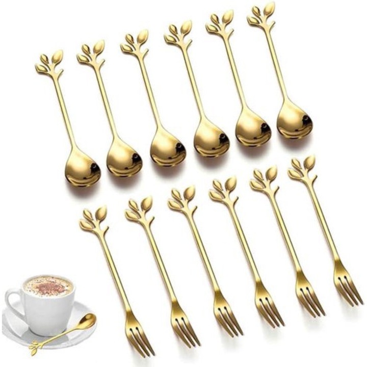 Set de tacamuri pentru desert 12 piese, inox, design frunza, aurie, 6 linguri, 6 furculite