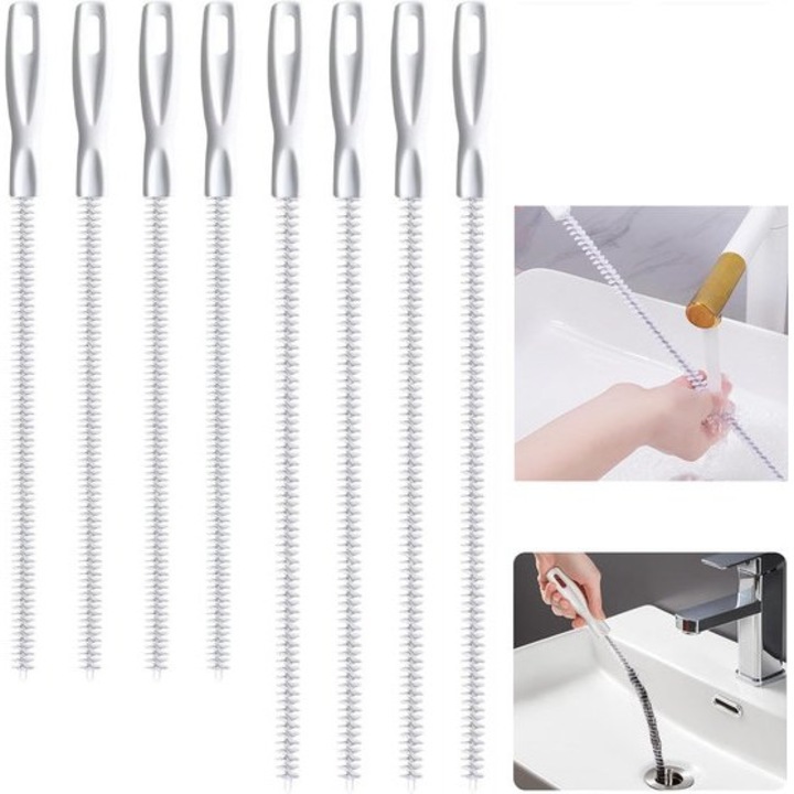 Set de 8 perii flexibile pentru curatarea canalizarii, 45cm si 60cm, nylon si otel inoxidabil, alb