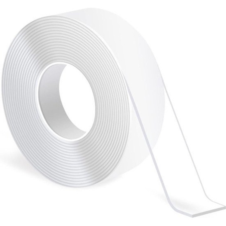 Banda adeziva dubla, 2mm x 5.1cm x 300cm, transparenta, reutilizabila, set de 1 rola
