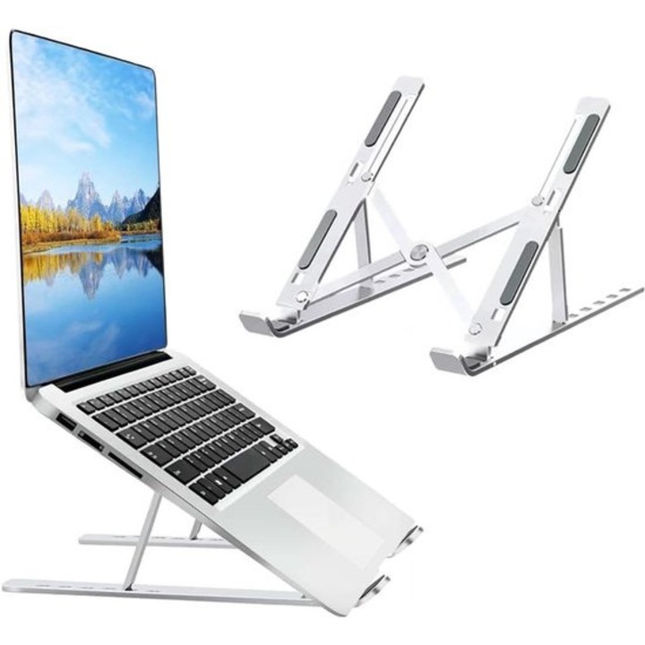 Suport laptop portabil, 16 inch, argintiu, ajustabil pe 7 niveluri, cu ventilatie.