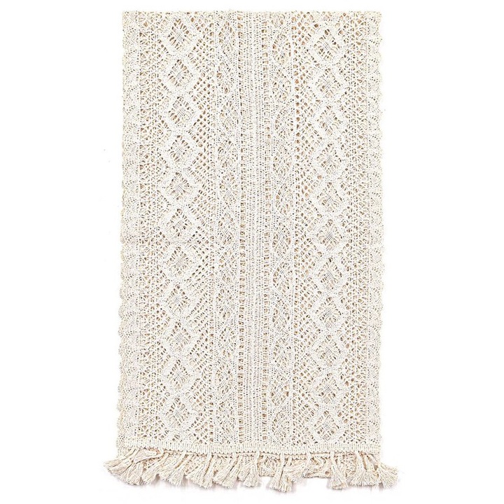 Fata de masa, 24x180cm, stil bohemian, culoare off-white, cu ciucuri