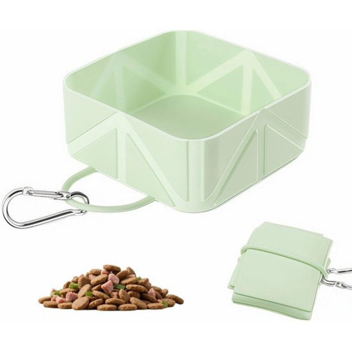 Bol pentru caini pliabil din silicon, 500ml, verde, 10.5x10.5x4.5cm, set cu carabina