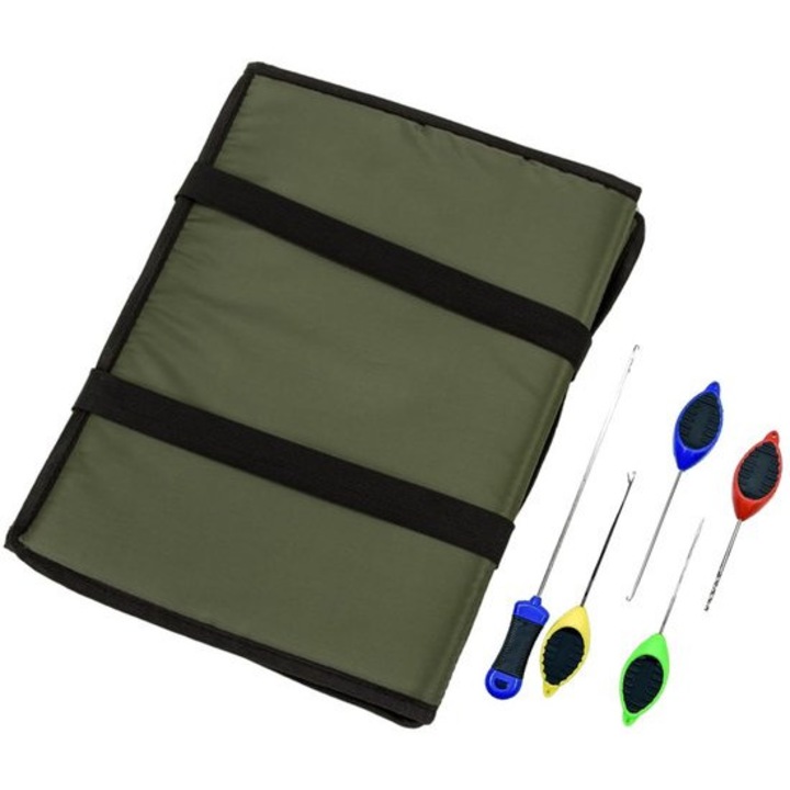 Saltea de pescuit pliabila cu curea elastica, verde/neagra, 80x35x1cm, set cu accesorii de pescuit