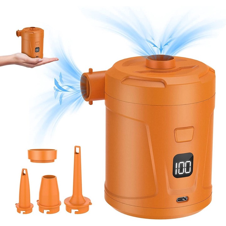 Elektromos pumpa, 5200mAh, 3 fúvóka, hordozható, USB töltés, matracokhoz és csónakokhoz, narancssárga
