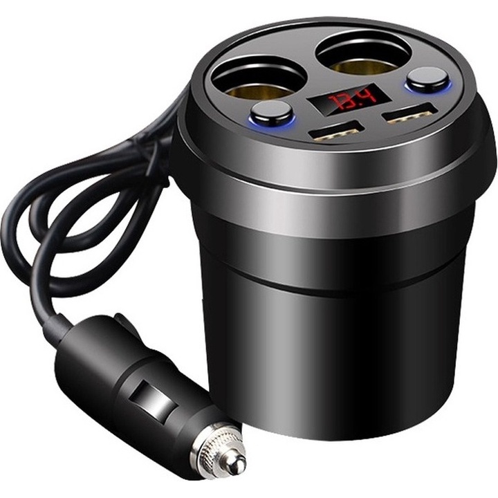 Incarcator auto USB cu adaptor 12V si separator pentru suportul de cana, negru, accesorii interioare