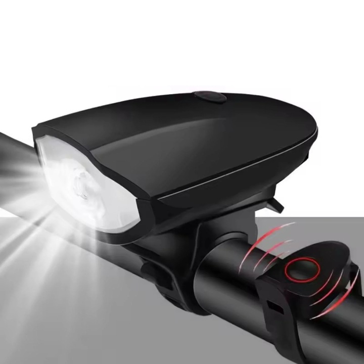Lumina bicicleta neagra cu USB, impermeabila, cu horn, 3 moduri de iluminare