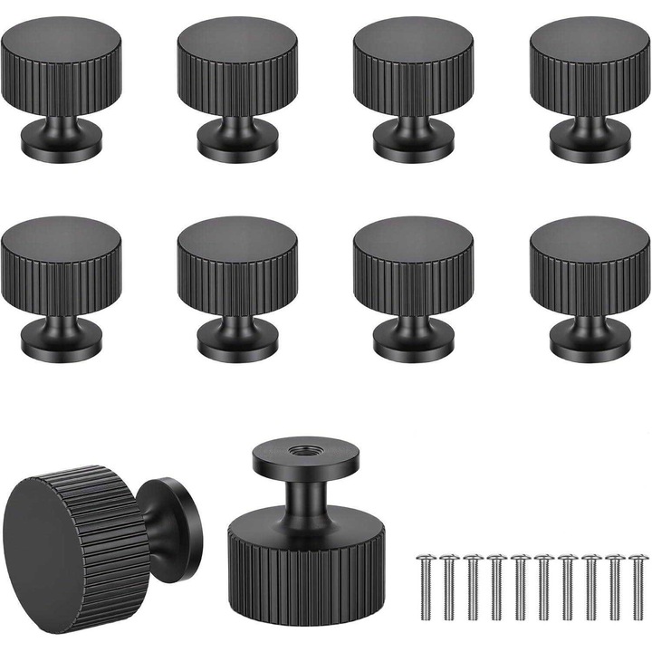Set de 10 manere rotunde negre pentru dulapuri, din aliaj de aluminiu, cu suruburi incluse, pentru bucatarii si mese de toaleta