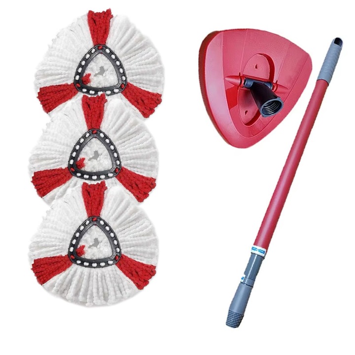 Set accesorii de inlocuire pentru mopuri, 1 maner mop + 1 cap mop triunghiular + 3 capete mop rosii, absorbtie superioara, design durabil