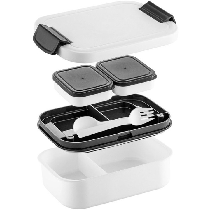 Cutie alimentara Bento, 1900 ml, design integrat, etansare din silicon, 23x15x8cm, include tacamuri, alb
