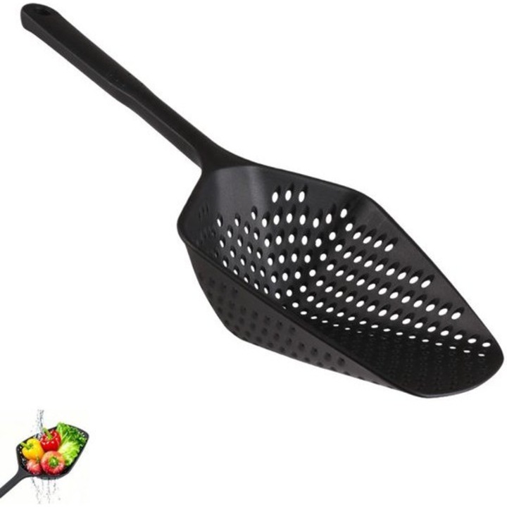 Műanyag szűrő, fekete, 34x13x7cm, ergonomikus fogantyú, hőálló