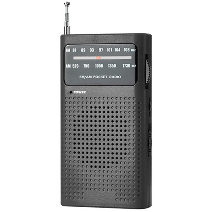 Radio portabil cu tranzistor, AM/FM, dimensiuni 8.5x4x14.8cm, alimentat cu 2 baterii AA, design compact, negru