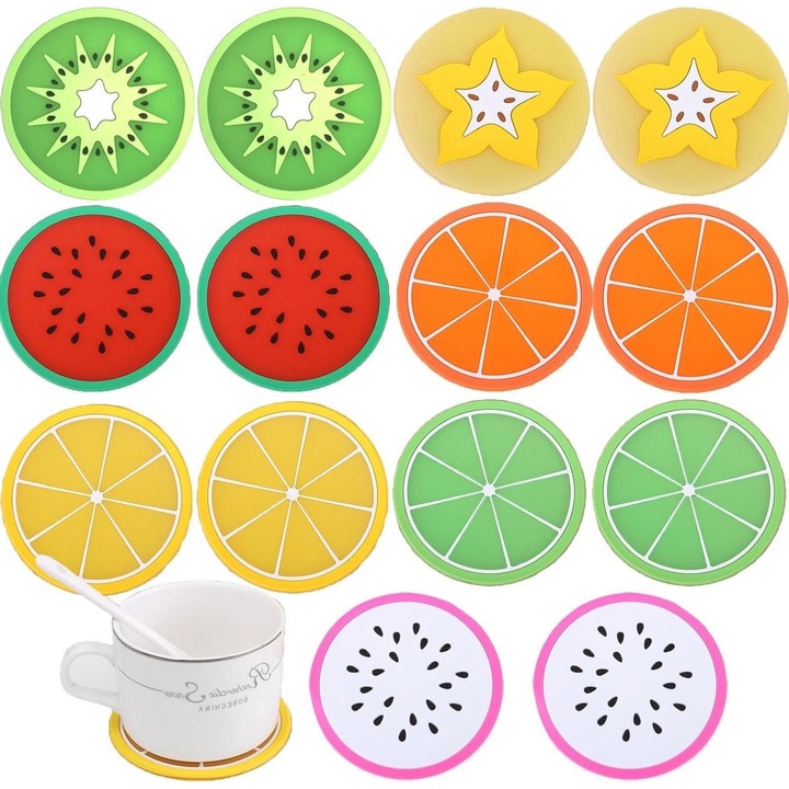 Set suporturi bauturi fructe, 8 bucati, PVC, multicolor, dimensiune medie