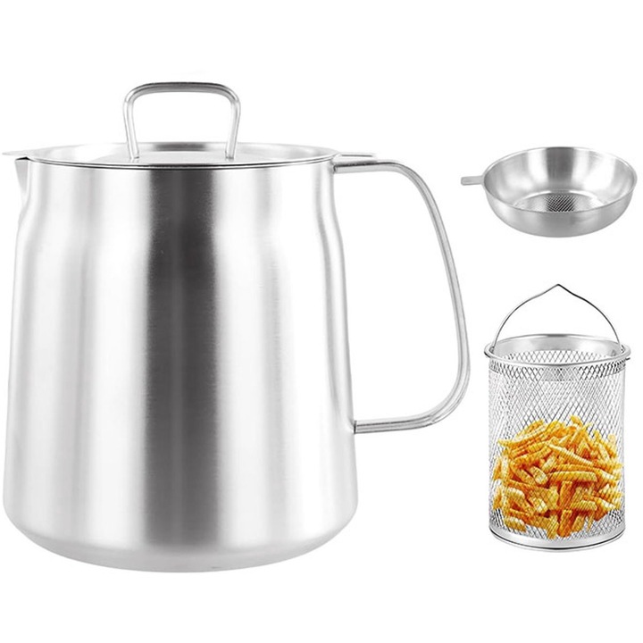 Friteuza cu filtru, 2 litri, otel inoxidabil 304, capacitate optima 1.5 litri, argintie