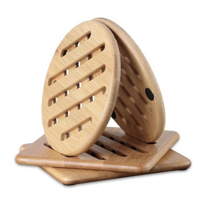 Set de 4 suporturi din bambus, rezistente la caldura, antiderapante, 15x15cm