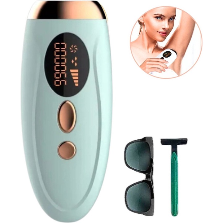 Epilator IPL, 5 setari, culoare albastru deschis, set complet cu aparat de epilare, rasoir si ochelari de protectie