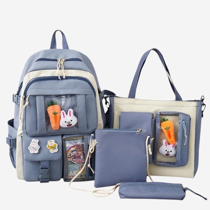 Set ghiozdan 4 in 1, multicolor, cu geanta de umar, geanta crossbody si penar, dimensiuni 42x30x13cm