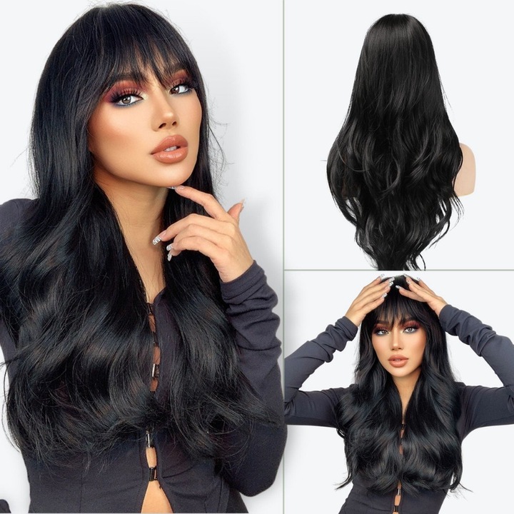 Peruca lunga ondulata, 66cm, aurie inchisa, din fibre sintetice, rezistenta la caldura