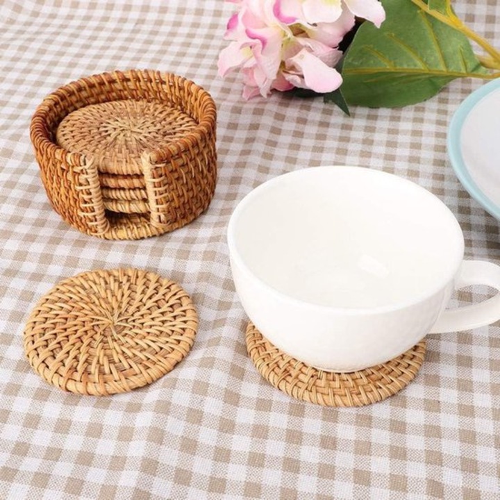 Set suporturi bauturi din bumbac natural (6 bucati), design elegant, rotund, reutilizabile, cutie de depozitare