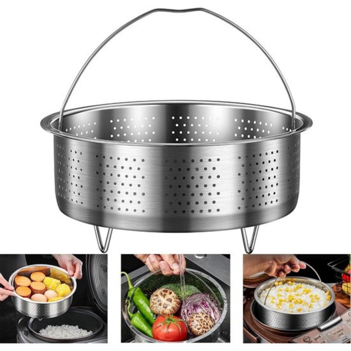 Vas de abur din otel inoxidabil, cu maner, 16.5 cm, set pentru legume si oua