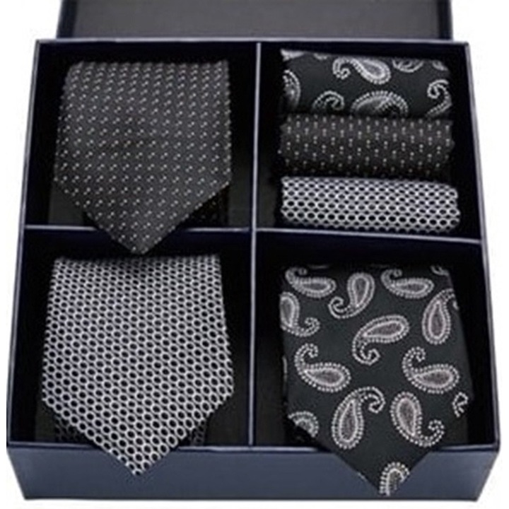 Set cravate si batista din matase 100%, 3 piese, nuante de albastru, 145x7.5cm, cutie cadou deluxe