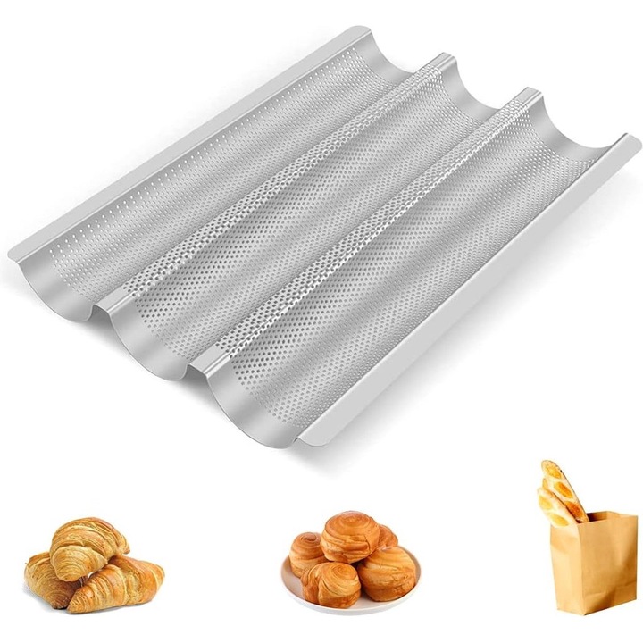 Tava de copt pentru baghete, 3 baghete, finisaj antiaderent, otel inoxidabil, 38x24.5cm